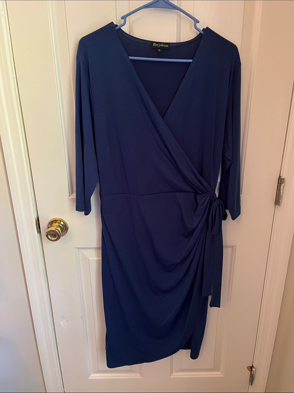 Blue Faux Wrap Midi Dress with Side Tie